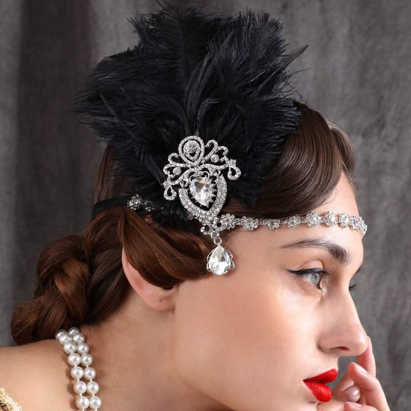 SWEETV 1920s Black Ostrich Feather Headpiece - Ribbon Tie - Picture 5 of 7